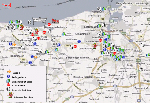 Anti G8 - Action Map 2007: (Ausschnitt)  Übersicht über Aktionen gegen den G8-Gipfel in Heiligendamm. Hier mit verlinkten Informationen zu den einzelnen  Punkten:  www.gipfelsoli.org 
